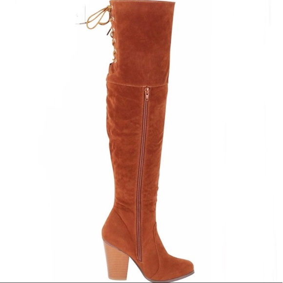 Tan Suede Lace Up Over the Knee Boot - Picture 3 of 6